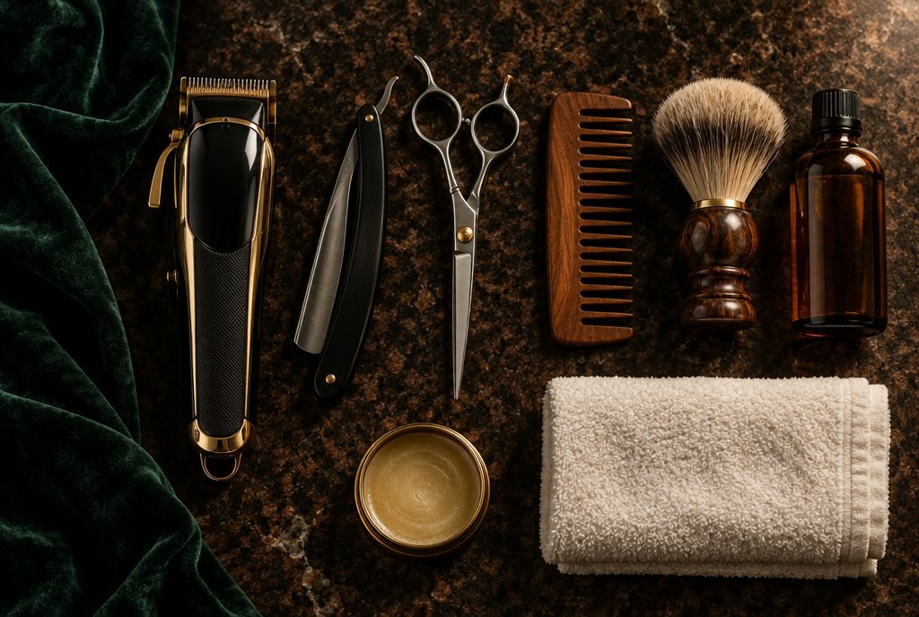 Gold clippers, straight razor, shears, wooden comb, shaving brush and tonic laid out on dark granite