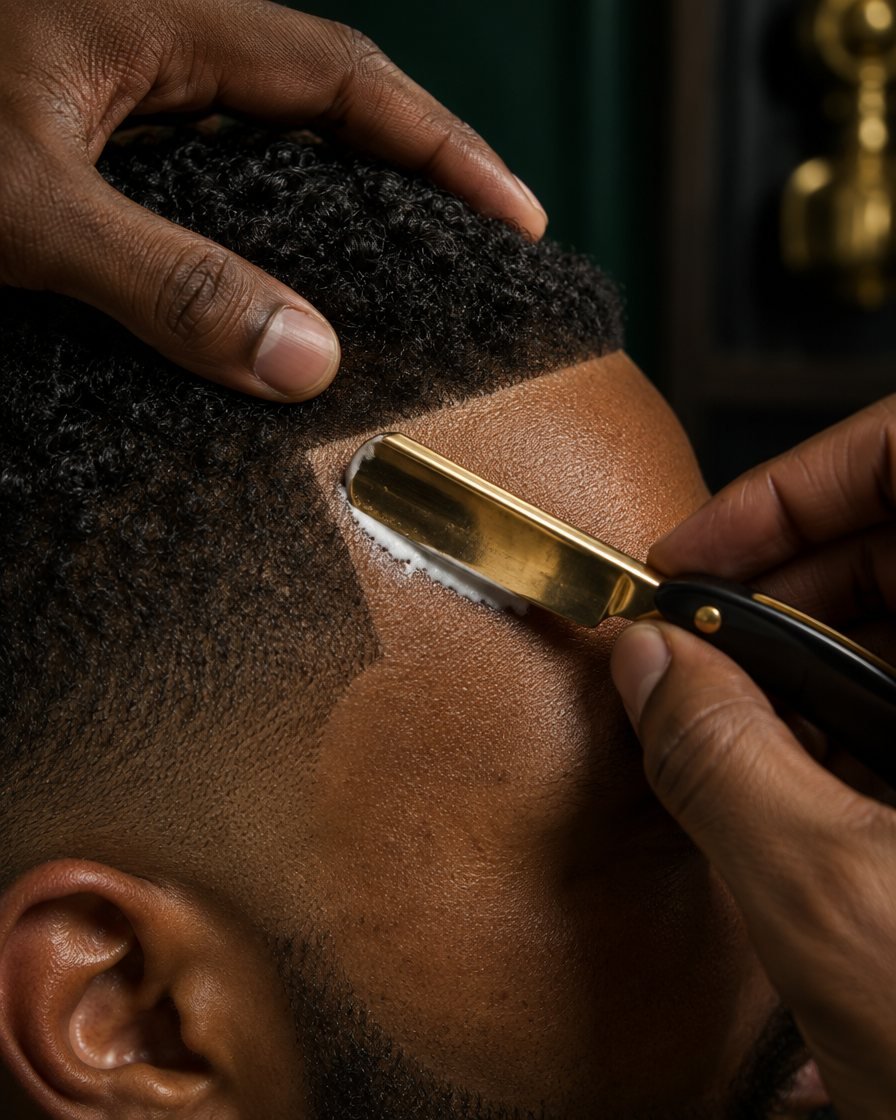 Straight razor carving a sharp hairline lineup