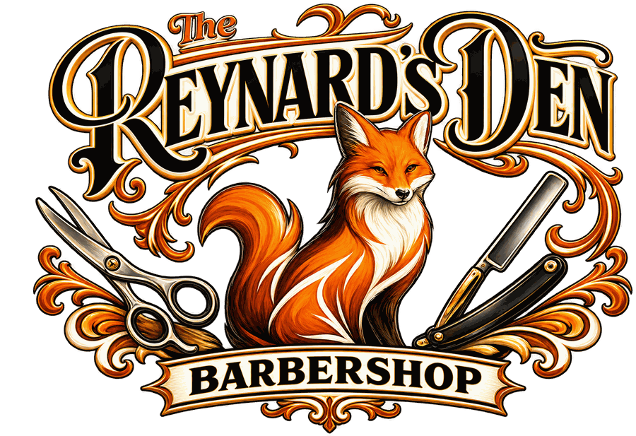 The Reynard's Den Barbershop crest with fox, scissors and straight razor