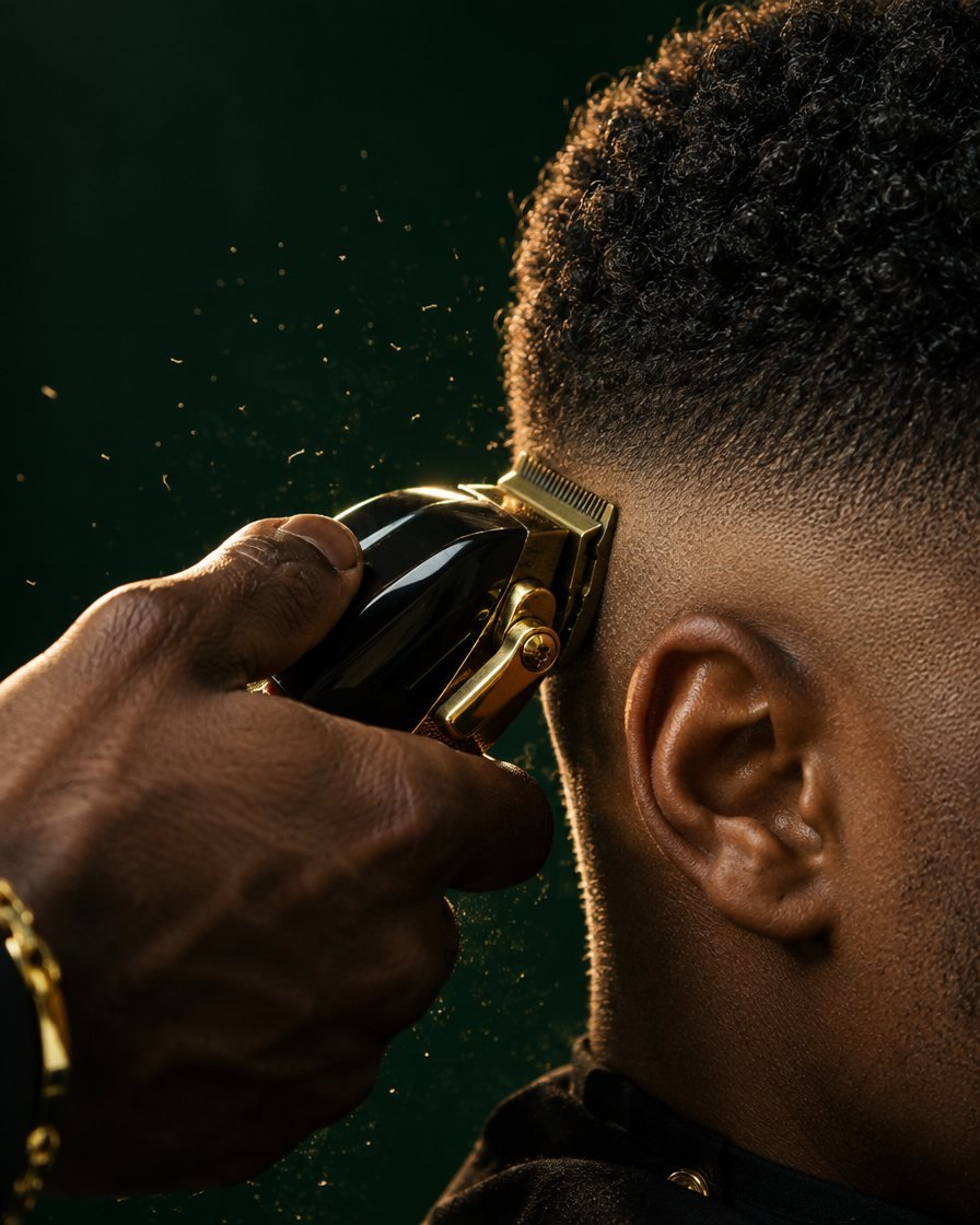 Close-up of gold clippers blending a smooth skin fade